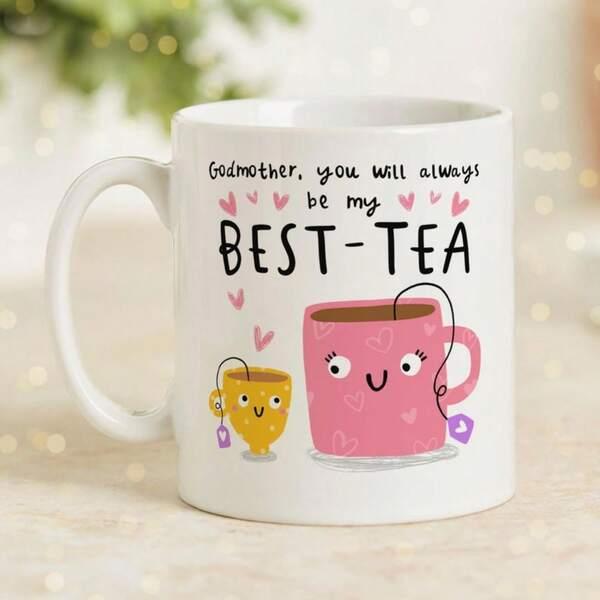 Tailorly White Ceramic 11 oz Mug - Godmother You Will Always Be My Best Tea Two Cute Cartoon Cups With Smiling Faces Among Pink Floating Hearts Mug