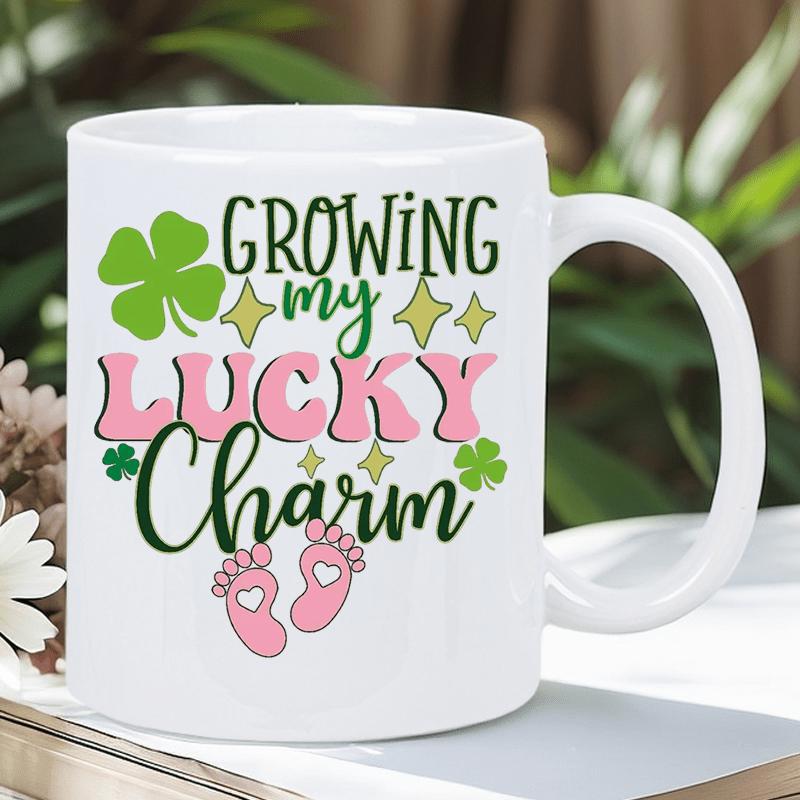 Tailorly White Ceramic 11 oz Mug - Growing My Lucky Charm Green Shamrock Design With Pink Baby Footprints And Sparkles Mug