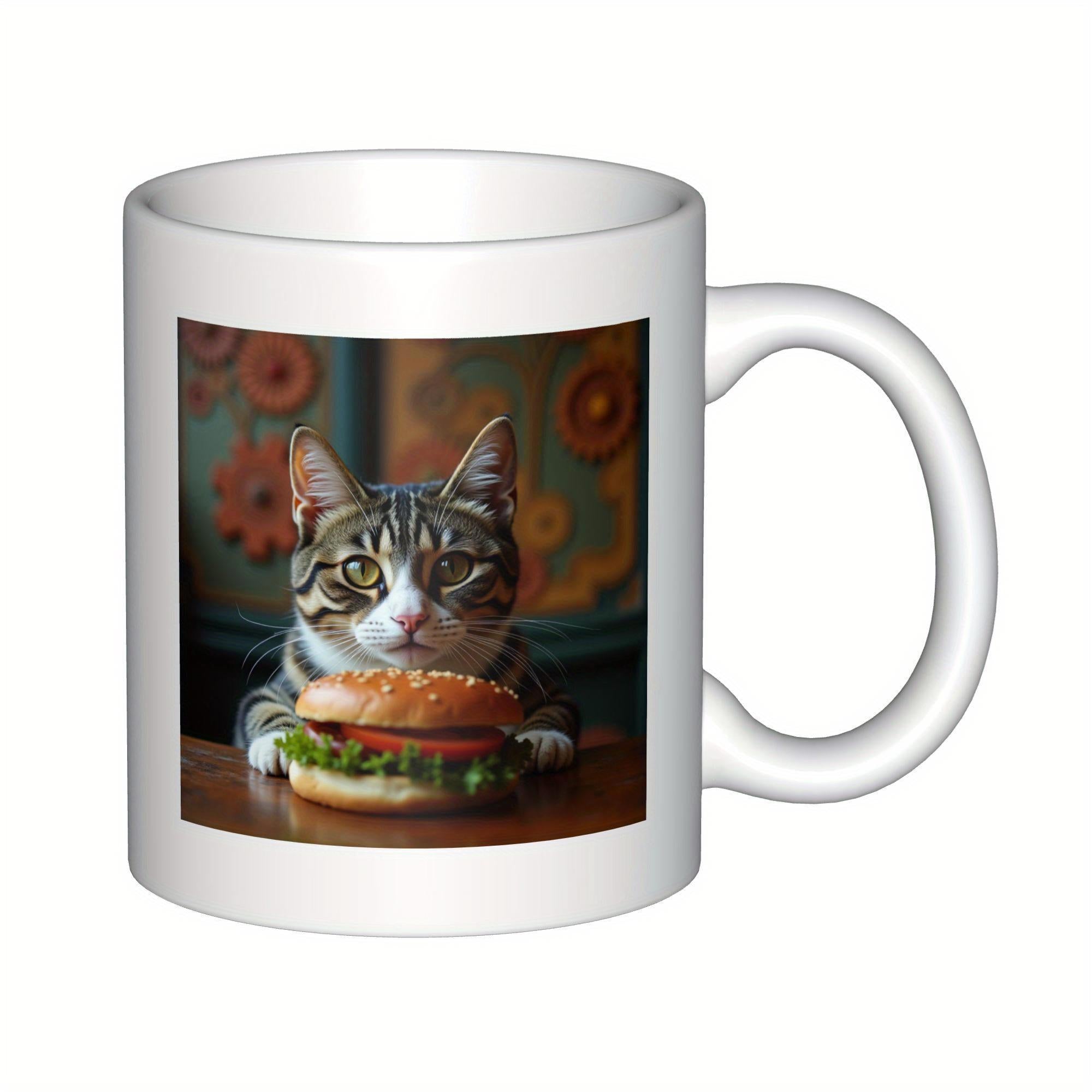 Tailorly White Ceramic 11 oz Mug - Hungry Tabby Cat Behind Delicious Burger With Abstract Steampunk Gears Cat