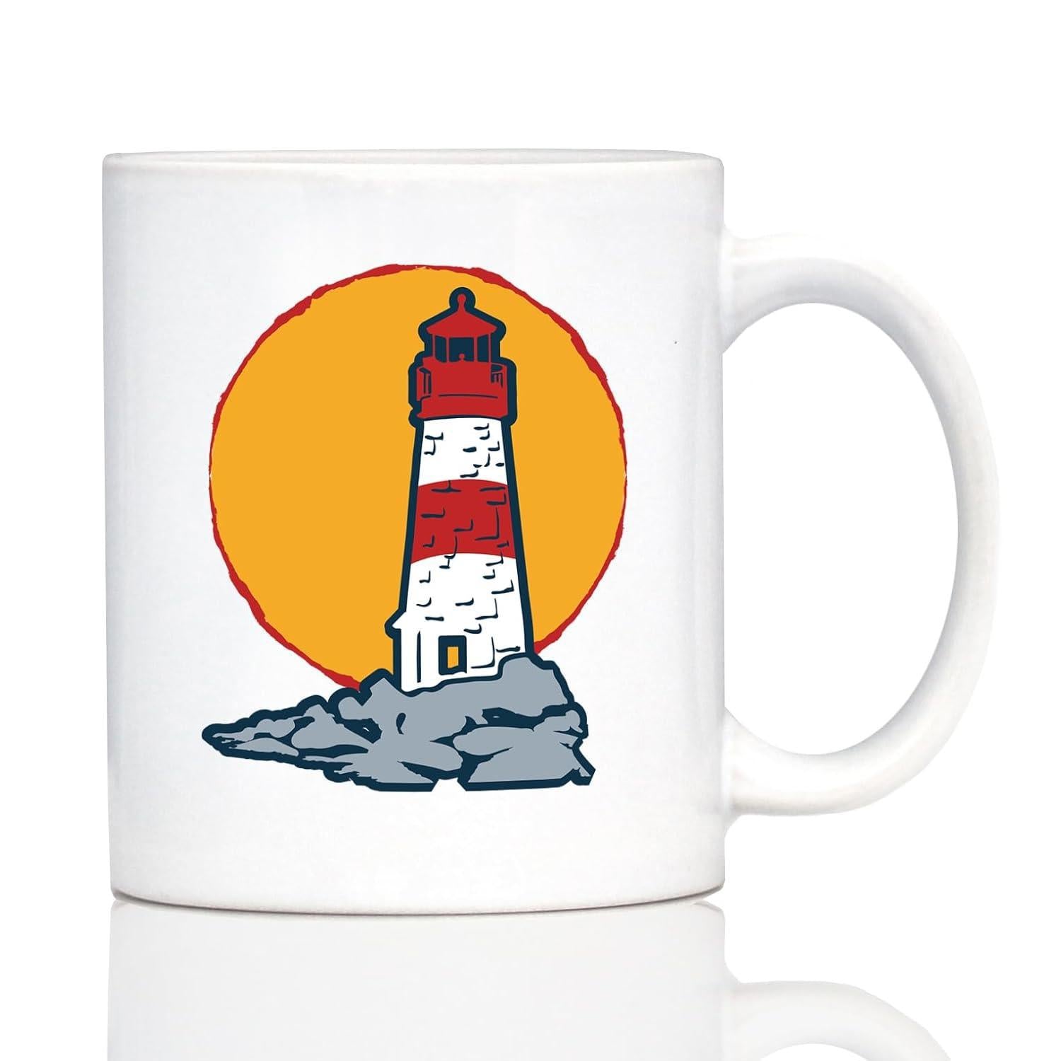 Tailorly White Ceramic 11 oz Mug - Classic Nautical Red And White Striped Beacon Standing On Rugged Coastal Rocks Lighthouse