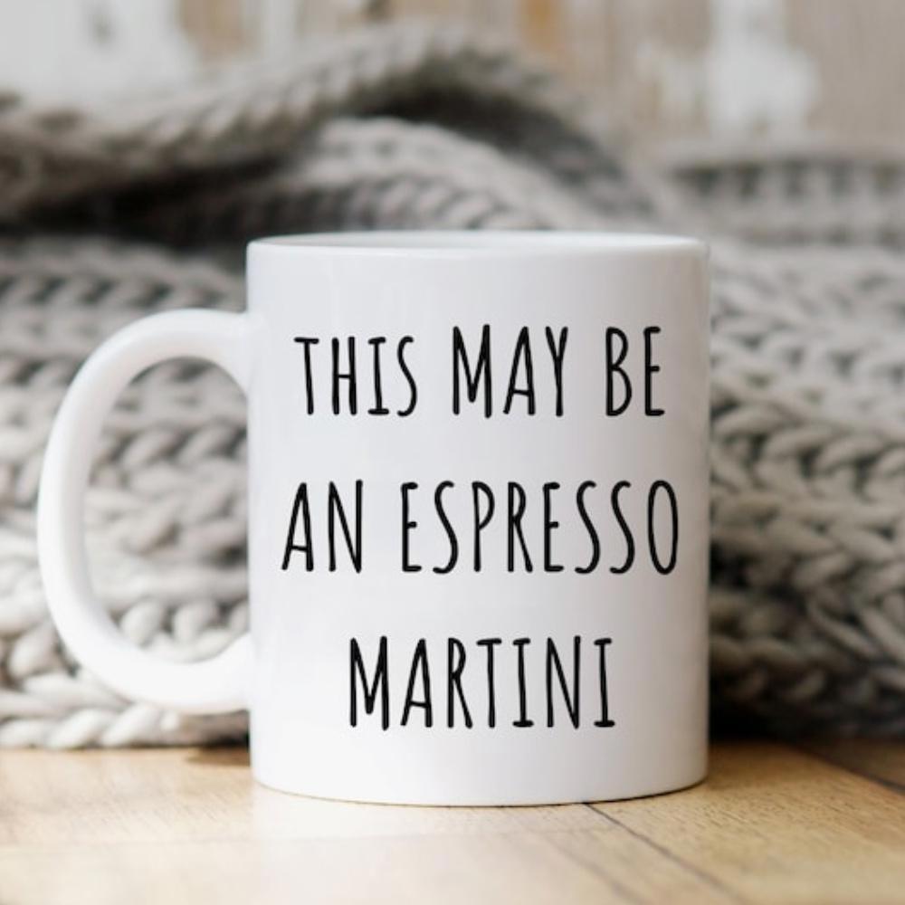 Tailorly White Ceramic 11 oz Mug - This May Be An Espresso Martini Minimalist Ceramic Drinkware Resting On Rustic Wooden Table Background Mug