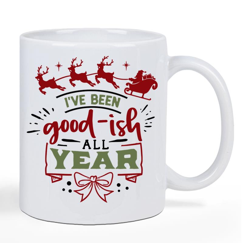 Tailorly White Ceramic 11 oz Mug - Ive Been Goodish All Year Red Silhouette Santa Sleigh Flying Above Festive Decorative Holiday Ribbon Reindeer