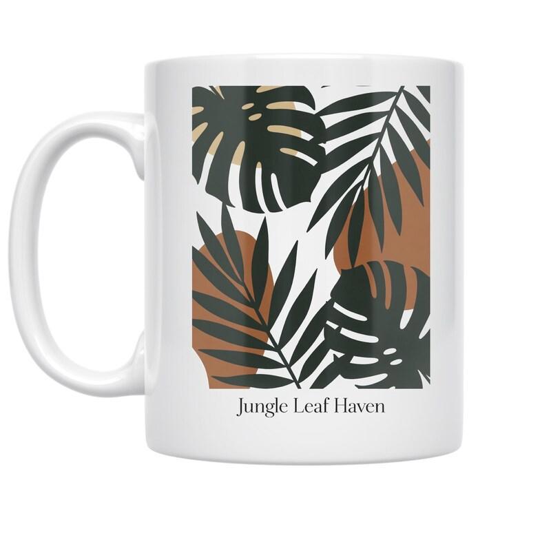 Tailorly White Ceramic 11 oz Mug - Jungle Leaf Haven Modern Minimalist Aesthetic With Black Tropical Palm And Monstera Leaf
