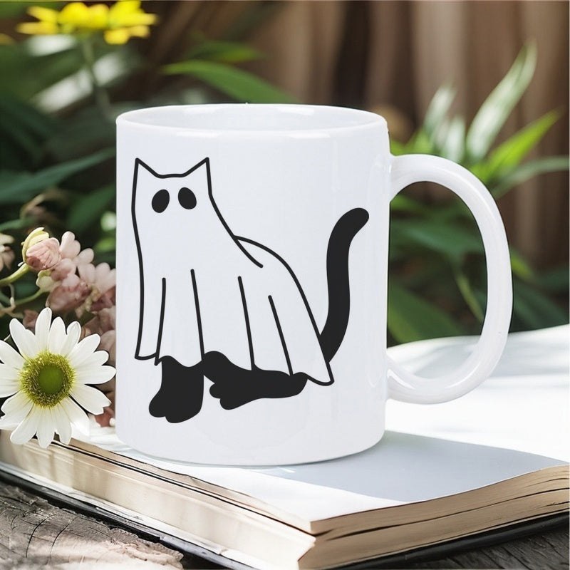 Tailorly White Ceramic 11 oz Mug - Minimalist Spooky Black Cat Wearing A White Ghost Sheet Cat