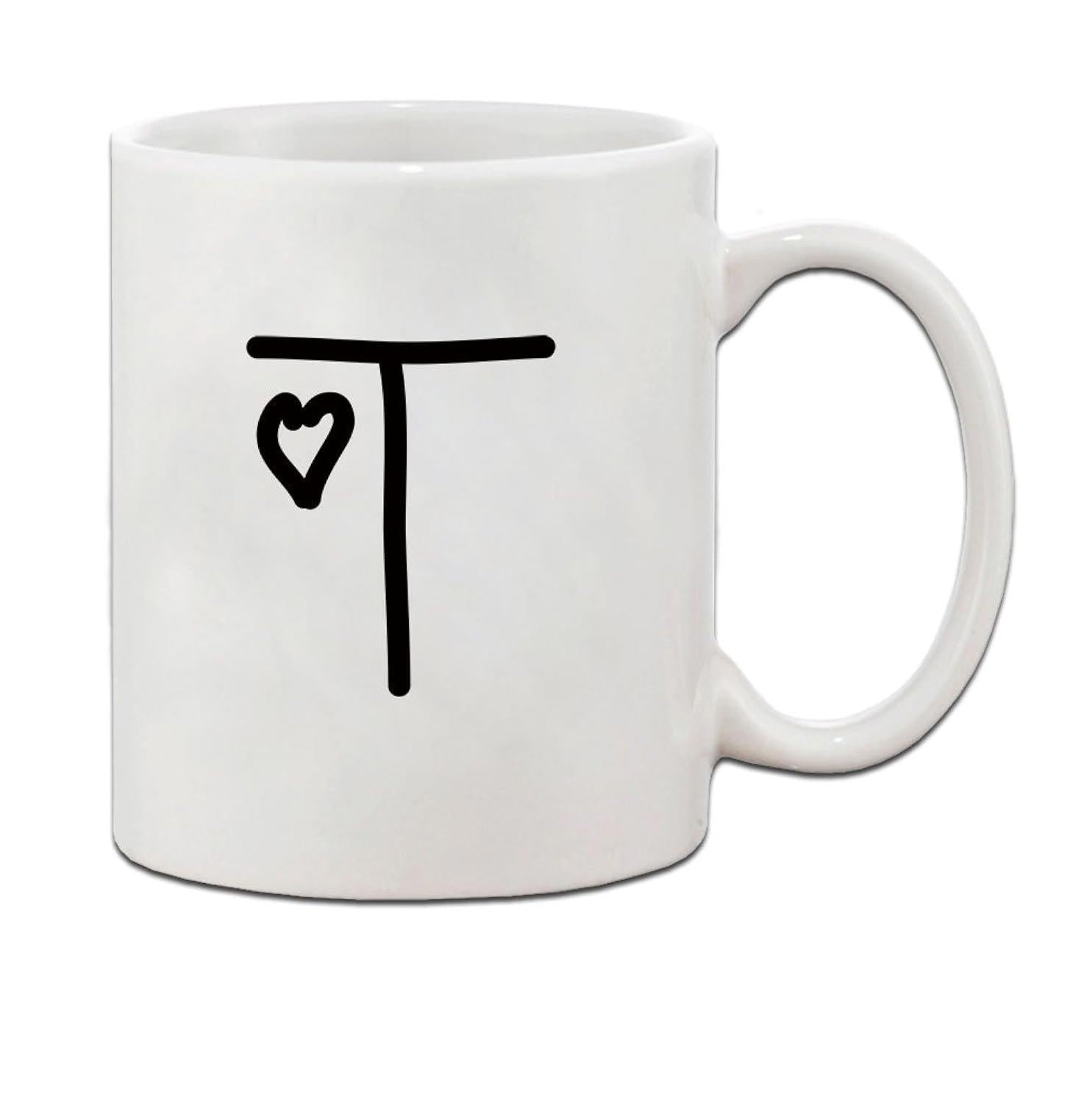 Tailorly White Ceramic 11 oz Mug - T Minimalist Hand Drawn Black Ink Design With Delicate Heart Letter