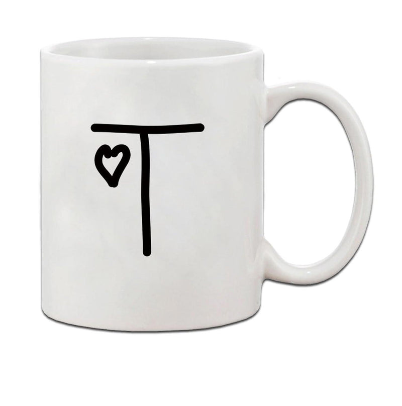 Tailorly White Ceramic 11 oz Mug - T Minimalist Hand Drawn Black Ink Design With Delicate Heart Letter