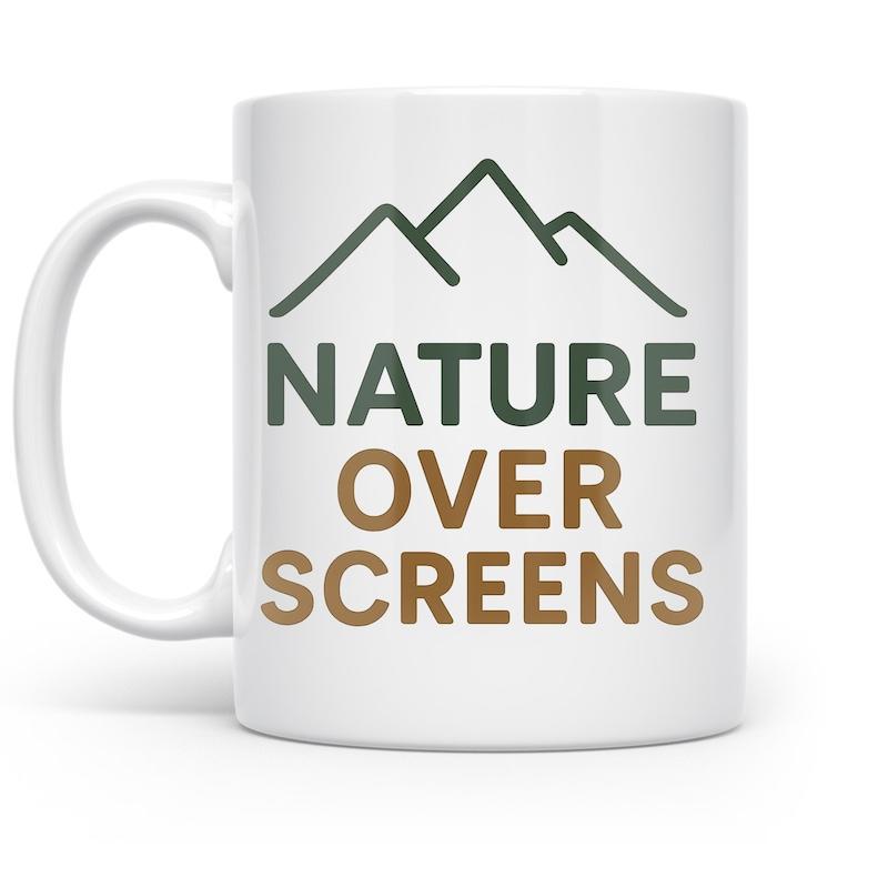 Tailorly White Ceramic 11 oz Mug - Nature Over Screens Minimalist Line Art Style Representing Wilderness Peak Silhouette And Outdoor Mountain