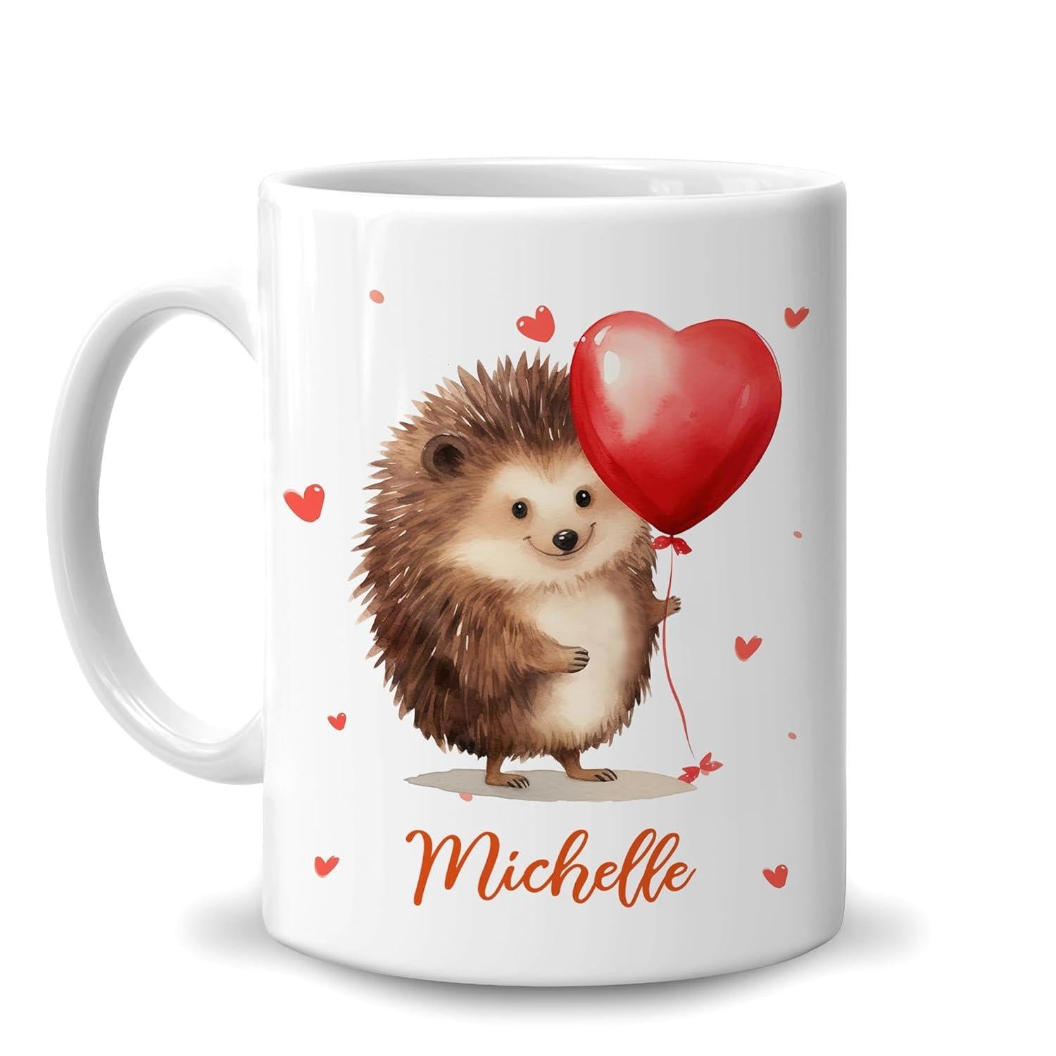 Tailorly White Ceramic 11 oz Mug - Michelle Cute Brown Hedgehog Holding Large Red Heart Balloon Surrounded By Tiny Hearts Hedgehog