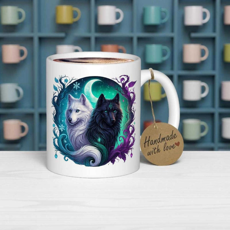 Tailorly White Ceramic 11 oz Mug - Handmade With Love Mystical Black And White Creatures Under A Glowing Crescent Moon Wolf