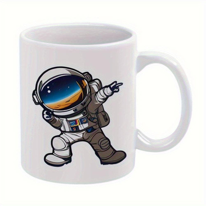 Tailorly White Ceramic 11 oz Mug - Cartoonish Space Traveler Doing A Dynamic Dab Pose In White Suit Astronaut