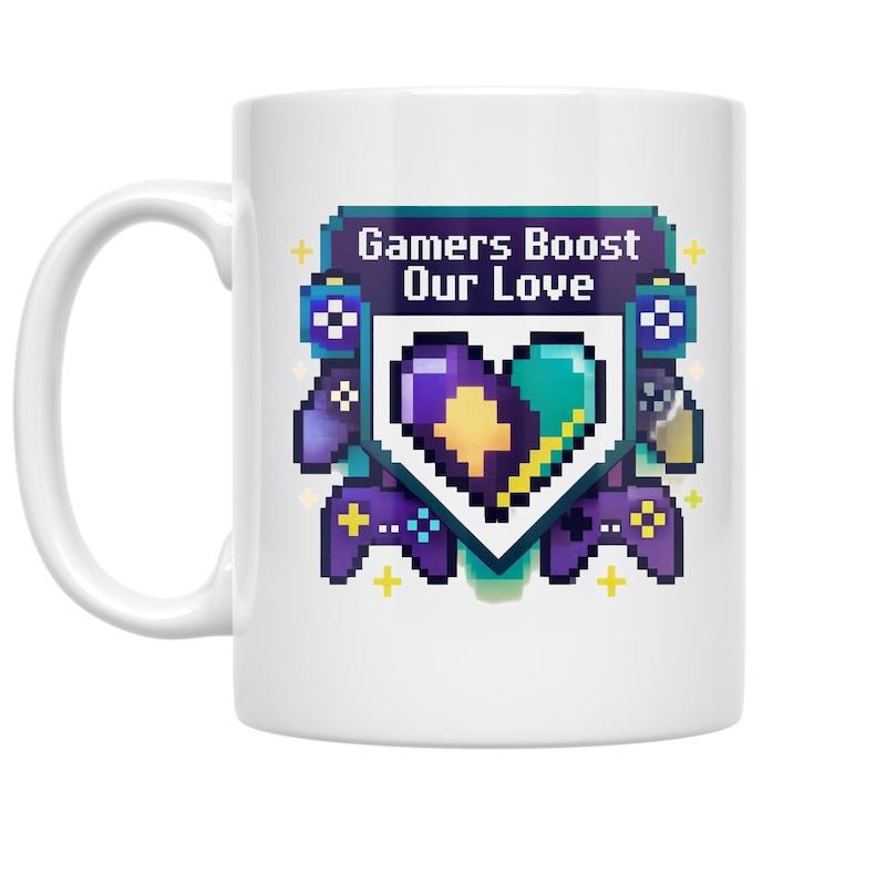 Tailorly White Ceramic 11 oz Mug - Gamers Boost Our Love Vibrant Pixel Art Styling Surrounding Floating Controllers With Tiny Stars Heart