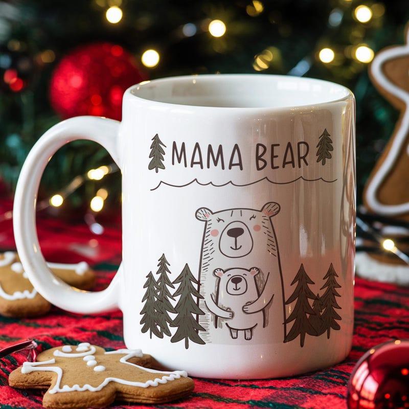 Tailorly White Ceramic 11 oz Mug - Mama Bear Hand Drawn Forest Mother And Baby Cub Hugging Near Pine Trees Bear