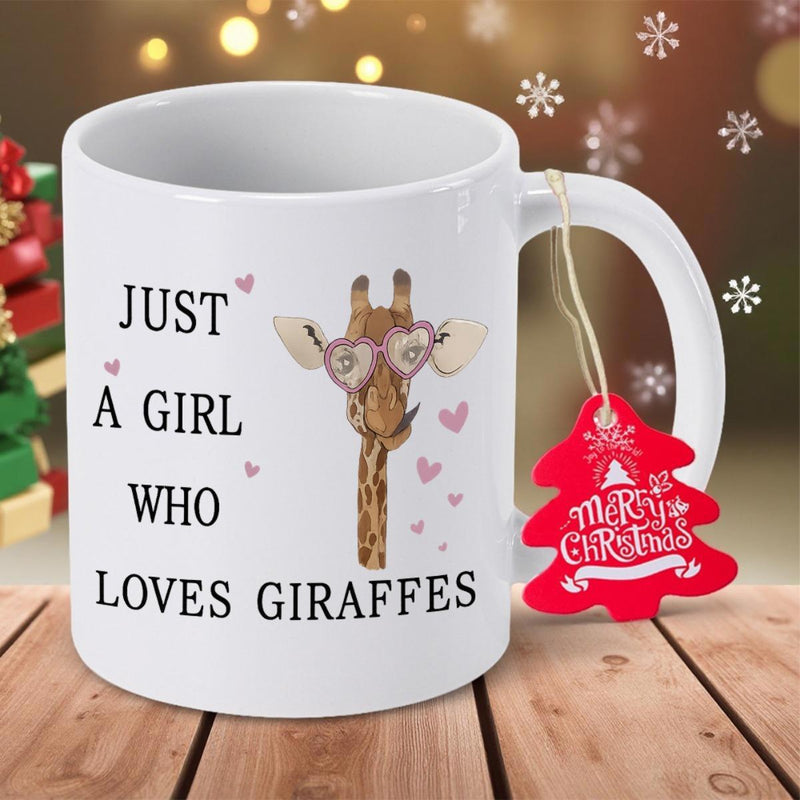 Tailorly White Ceramic 11 oz Mug - Just A Girl Who Loves Giraffes Gentle Giraffe Wearing Cute Heart Glasses Among Floating Pink Hearts Giraffe