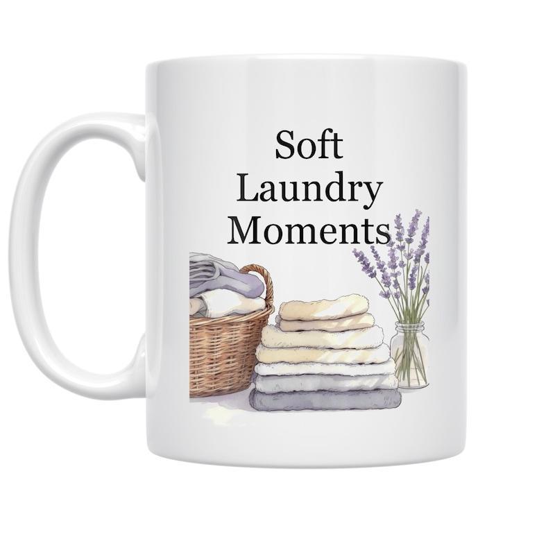 Tailorly White Ceramic 11 oz Mug - Soft Laundry Moments Watercolor Wicker Basket With Stacked Folded Clothes And Elegant Lavender Sprigs Laundry