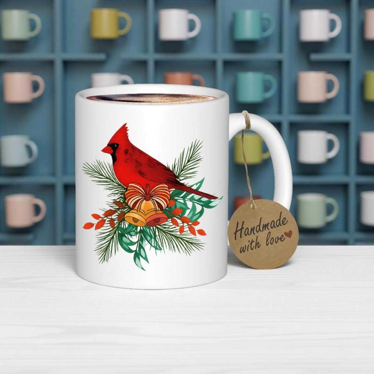 Tailorly White Ceramic 11 oz Mug - Handmade With Love Vibrant Red Bird Perched On Festive Golden Bells And Green Pine Cardinal