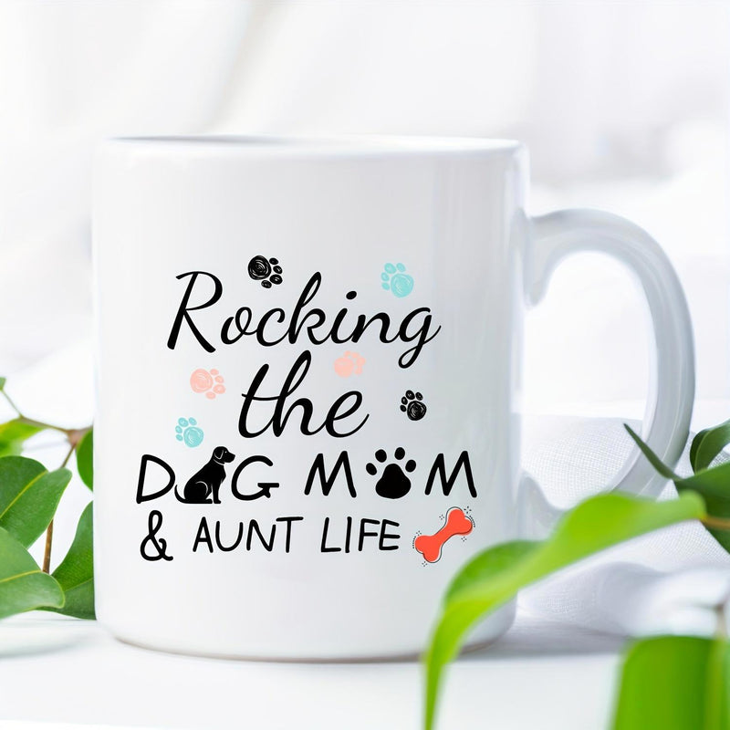 Tailorly White Ceramic 11 oz Mug - Rocking The Dog Mom Aunt Life Featuring Playful Paw Prints Among Colorful Dots And A Tiny Bone Mug