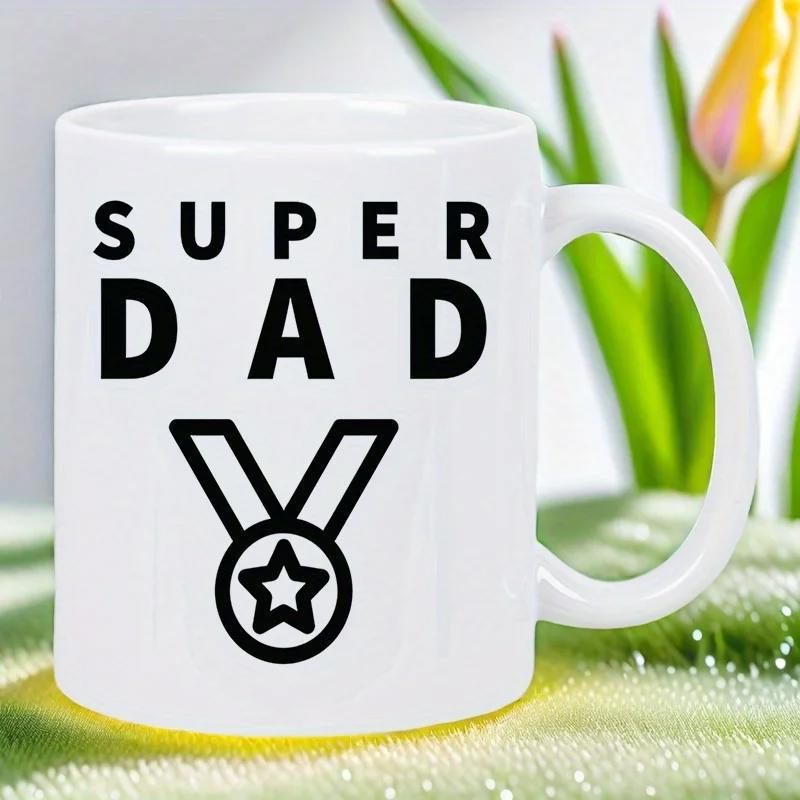 Tailorly White Ceramic 11 oz Mug - Super Dad Minimalist Black Line Medal Award With A Central Star Mug