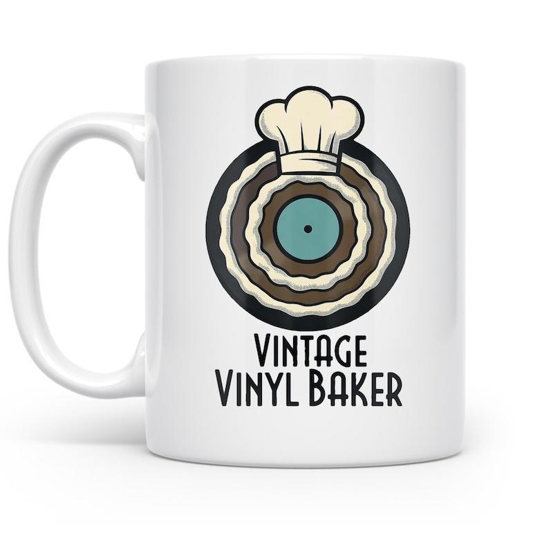 Tailorly White Ceramic 11 oz Mug - Vintage Vinyl Baker Stylized Retro Record Wearing A White Toque Chef Hat Record