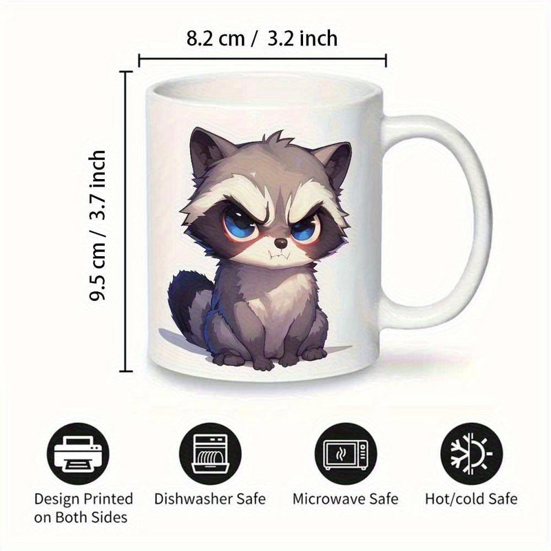 Tailorly White Ceramic 11 oz Mug - Cute Grumpy Little Animal Sitting On Ground With Big Blue Eyes Raccoon