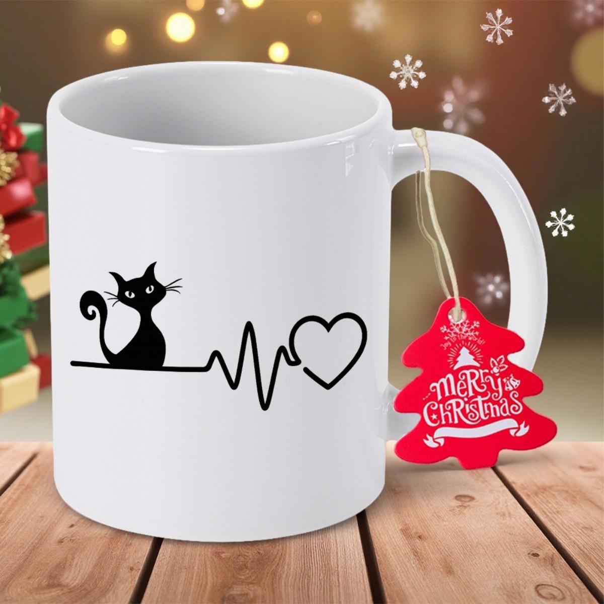 Tailorly White Ceramic 11 oz Mug - Merry Christmas Black Cat Silhouette With Heartbeat Line And Elegant Outlined Heart Shape Cat