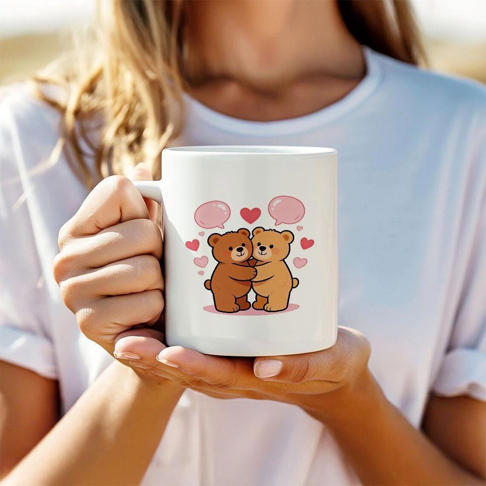 Tailorly White Ceramic 11 oz Mug - Two Cute Cuddly Teddy Bears Hugging Surrounded By Floating Pink Hearts Bear