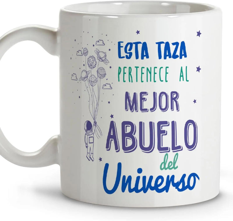 Tailorly White Ceramic 11 oz Mug - Tiny Whimsical Space Explorer Holding Many Celestial Planet Shaped Balloons Astronaut