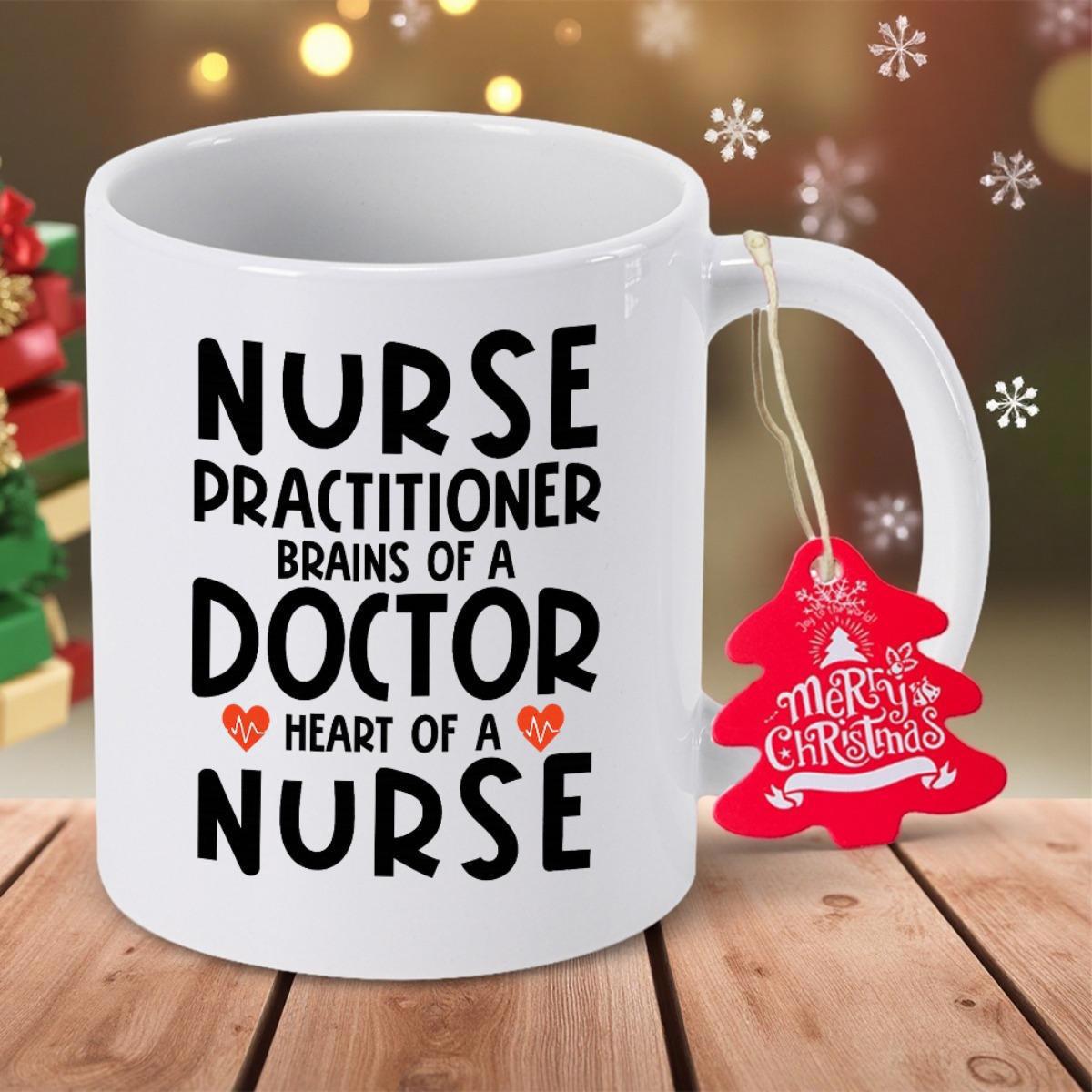Tailorly White Ceramic 11 oz Mug - Nurse Practitioner Brains Of A Doctor Heart Of A Nurse Minimalist Black Bold Typography With Two Small Red Hearts Mug