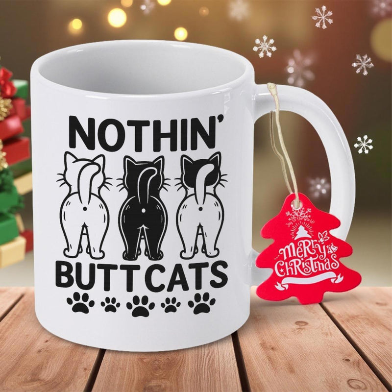 Tailorly White Ceramic 11 oz Mug - Nothin Butt Cats Three Minimalist Cartoon Feline Silhouettes Showing Backsides With Little Paws Cats