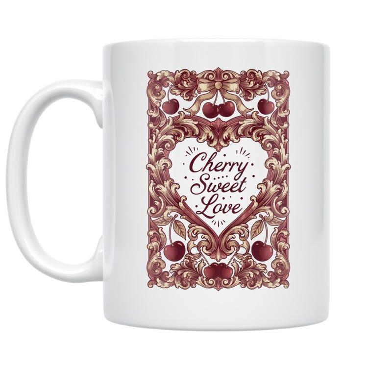 Tailorly White Ceramic 11 oz Mug - Cherry Sweet Love Intricate Baroque Filigree Frame Featuring Ripe Cherries Within A Heart Shape Heart