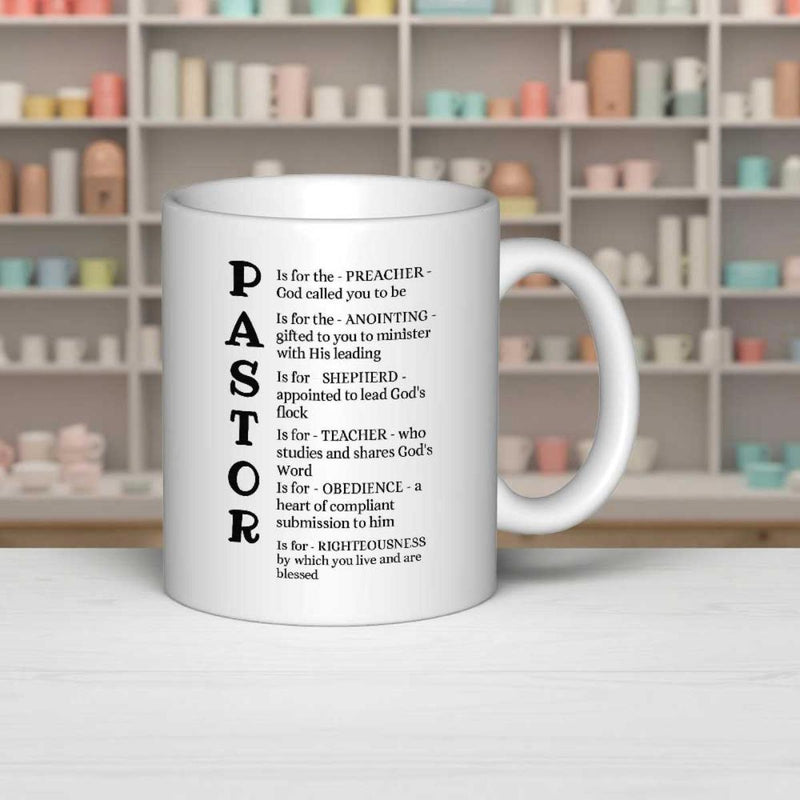 Tailorly White Ceramic 11 oz Mug - Pastor Preacher Anointing Shepherd Teacher Obedience Righteousness Elegant Minimalist White Ceramic With Spiritual Lettering Mug