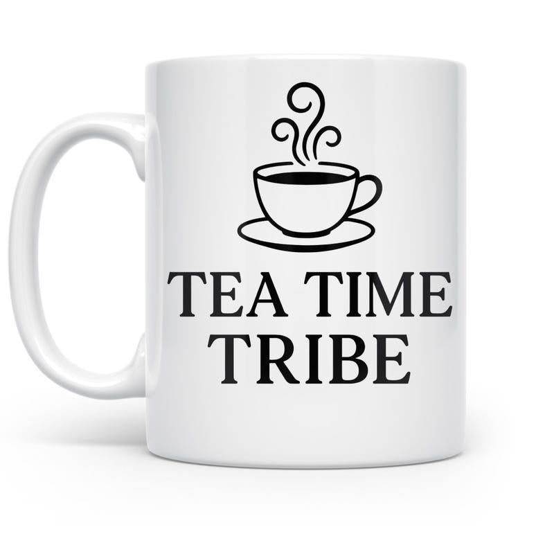 Tailorly White Ceramic 11 oz Mug - Tea Time Tribe Elegant Minimalist Black Line Work Showing Steaming Hot Beverage Saucer Teacup