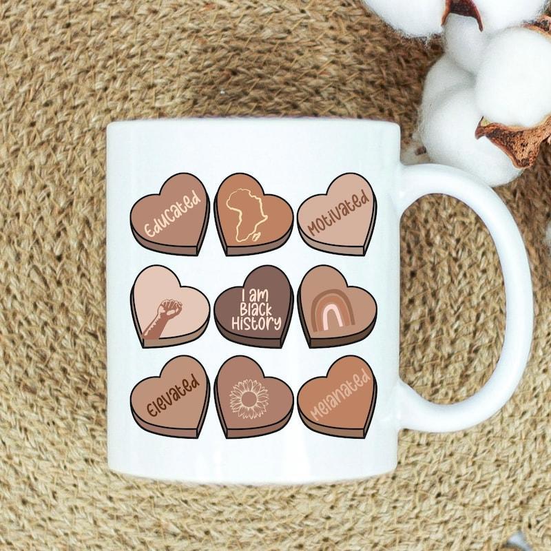 Tailorly White Ceramic 11 oz Mug - Faithful Honorable I Am Black History Capable Beautiful Array Of Diverse Skin Tone Hearts Featuring Cultural Symbols And