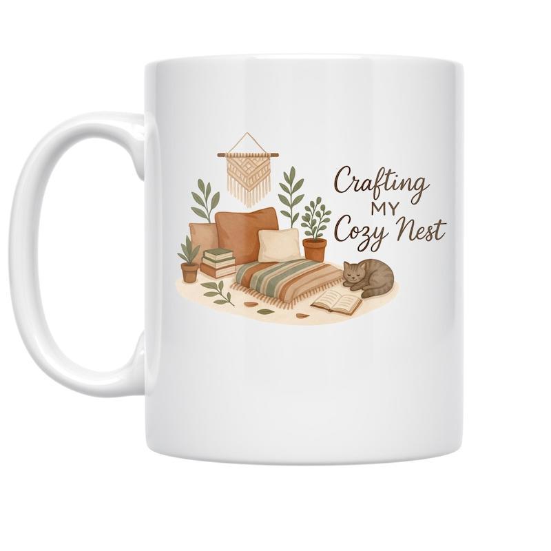 Tailorly White Ceramic 11 oz Mug - Crafting My Cozy Nest Warm Interior Scene Featuring Potted Plants And Macrame Wall Decor Cat