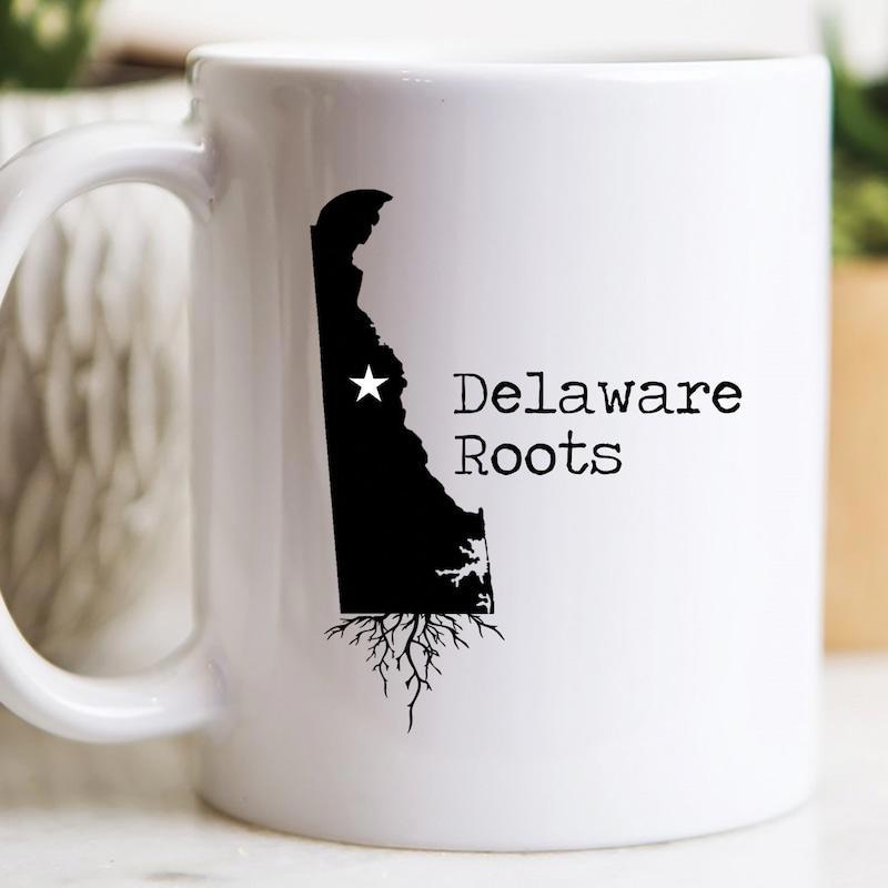 Tailorly White Ceramic 11 oz Mug - Delaware Roots Black State Silhouette With Intricate Growing Roots And Star Map