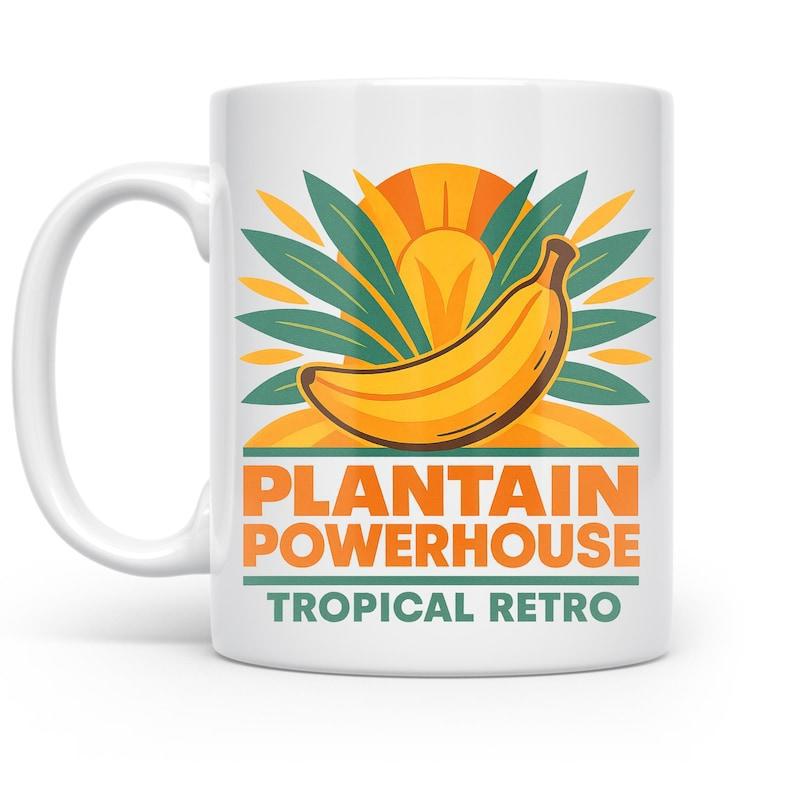 Tailorly White Ceramic 11 oz Mug - Plantain Powerhouse Tropical Retro Vibrant Yellow Fruit Resting Before Lush Green Leaves And Orange Sun Plantain