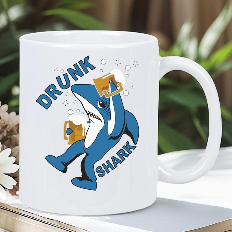 Tailorly White Ceramic 11 oz Mug - Drunk Shark Funny Blue Cartoon Character Holding Beer Mugs With Bubbles And Foam Shark