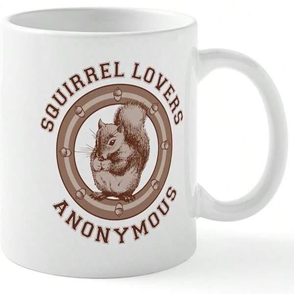 Tailorly White Ceramic 11 oz Mug - Squirrel Lovers Anonymous Realistic Brown Squirrel Sitting Within Circular Porthole Frame Squirrel