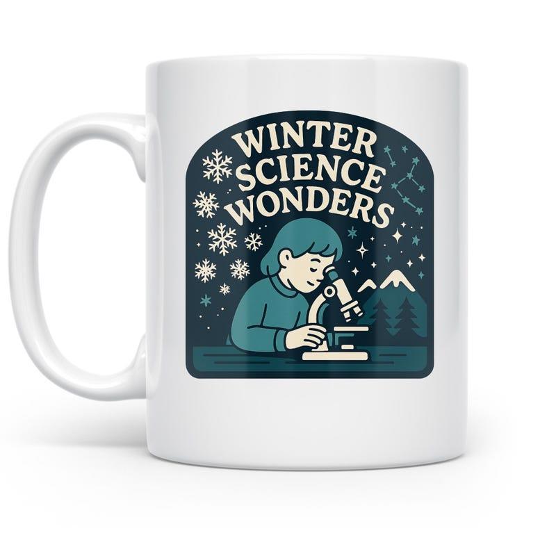 Tailorly White Ceramic 11 oz Mug - Winter Science Wonders Curious Young Girl Observing Specimens Under Snowy Winter Night Microscope