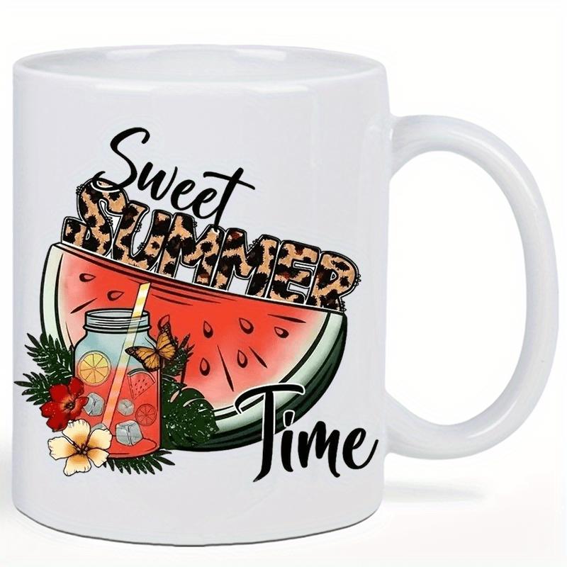 Tailorly White Ceramic 11 oz Mug - Sweet Summer Time Sliced Red Watermelon Jar With Tropical Flowers And Leopard Pattern Watermelon
