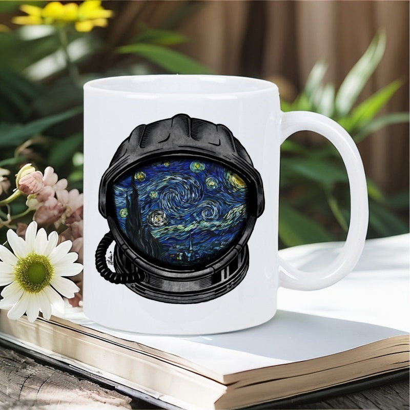Tailorly White Ceramic 11 oz Mug - Iconic Starry Night Painting Reflecting Inside A Professional Space Suit Helmet Astronaut