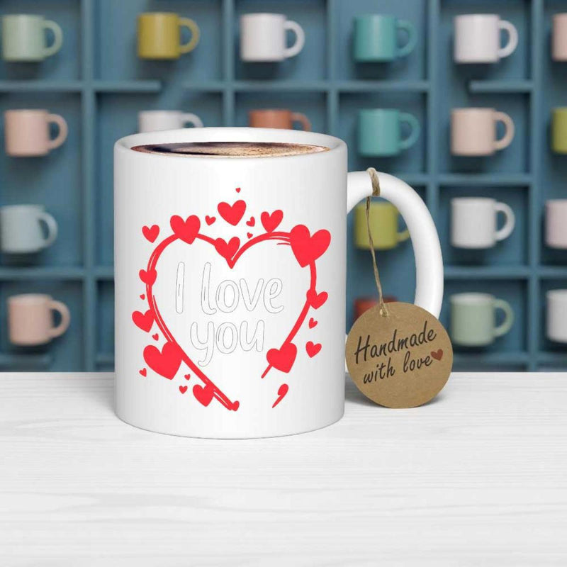 Tailorly White Ceramic 11 oz Mug - I Love You Romantic Red Hearts Forming A Large Frame Under A Sweet Atmosphere Heart