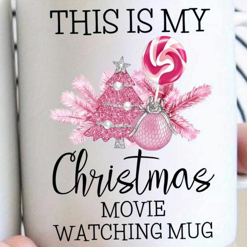 Tailorly White Ceramic 11 oz Mug - This Is My Christmas Movie Watching Mug Sparkling Pink Tree With Swirl Lollipop And Feathers Festive Ornament Mug
