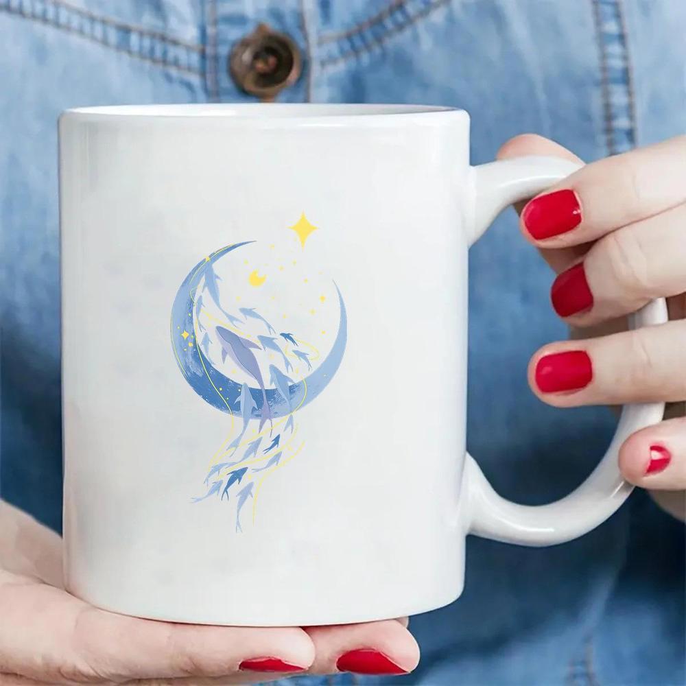 Tailorly White Ceramic 11 oz Mug - Artistic Blue Crescent Moon Under Golden Stars With Graceful Leaping Whale