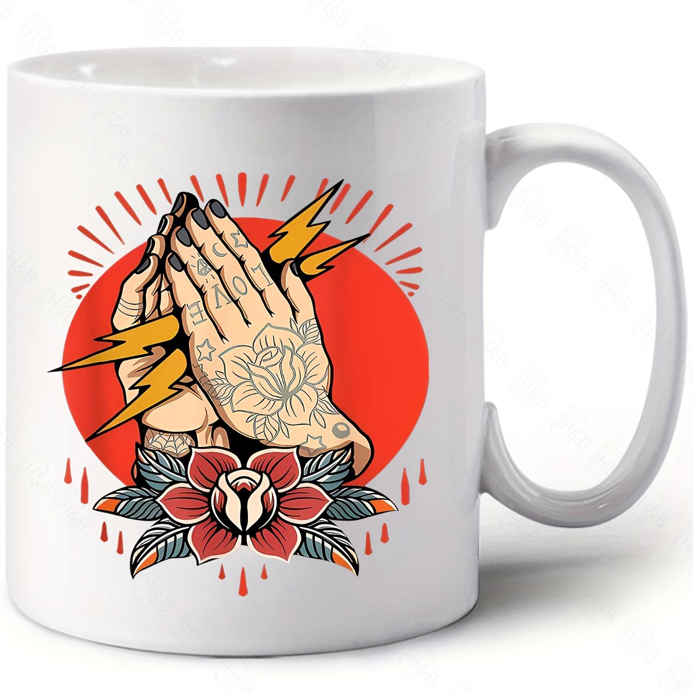 Tailorly White Ceramic 11 oz Mug - Traditional Tattoo Style Holding Golden Lightning Bolts Above Rising Sun Hands
