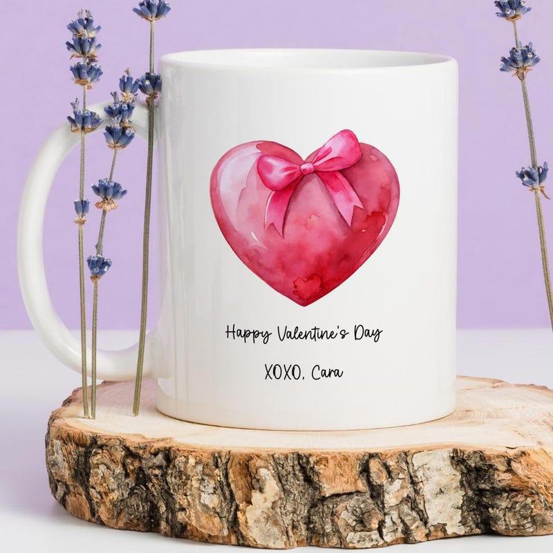 Tailorly White Ceramic 11 oz Mug - Happy Valentines Day XOXO Cora Vibrant Watercolor Style Red Radiant Heart Adorned With Elegant Pink Bow Heart
