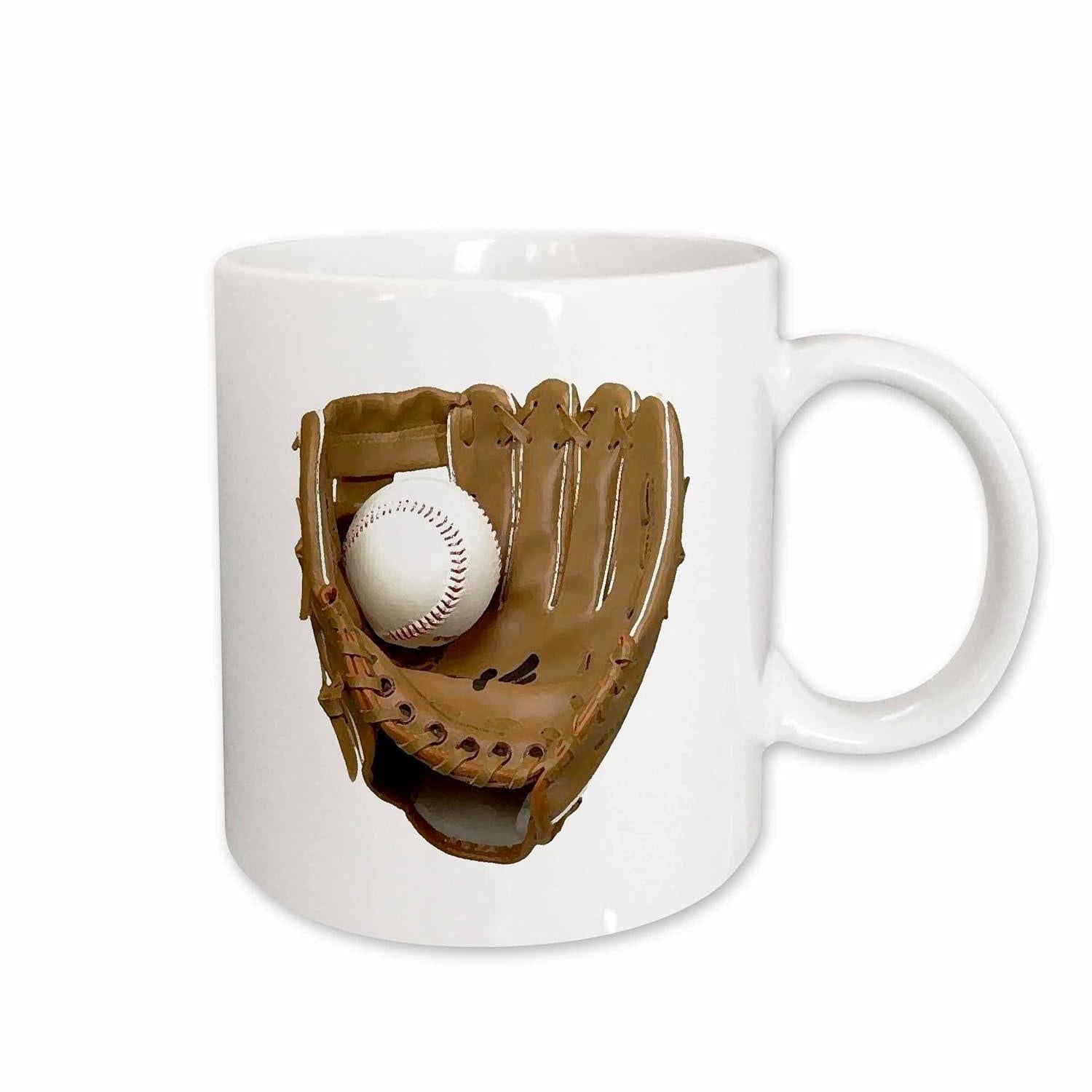 Tailorly White Ceramic 11 oz Mug - Classic Brown Leather Sports Mitt Holding A Stitched White Professional Baseball Glove