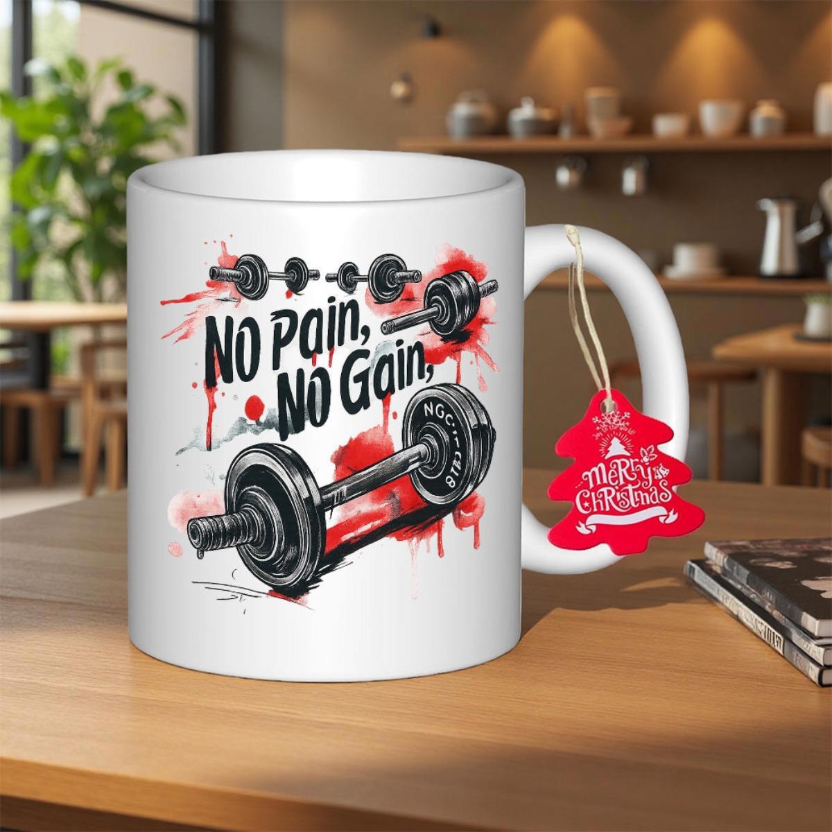Tailorly White Ceramic 11 oz Mug - No Pain No Gain Heavy Black Weight Plates Surrounded By Red Watercolor Splatter Dumbbell