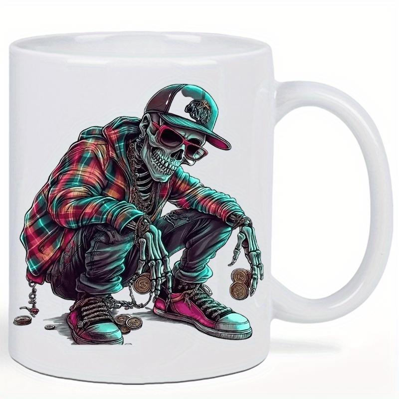 Tailorly White Ceramic 11 oz Mug - Stylized Urban Skeleton Wearing Plaid Hoodie And Sneakers Crouching In Streetwear Fashion Skeleton