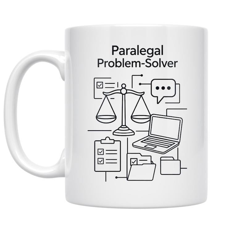 Tailorly White Ceramic 11 oz Mug - Paralegal Problem Solver Modern Linear Legal Icons Featuring Laptop Folders And Professional Scales