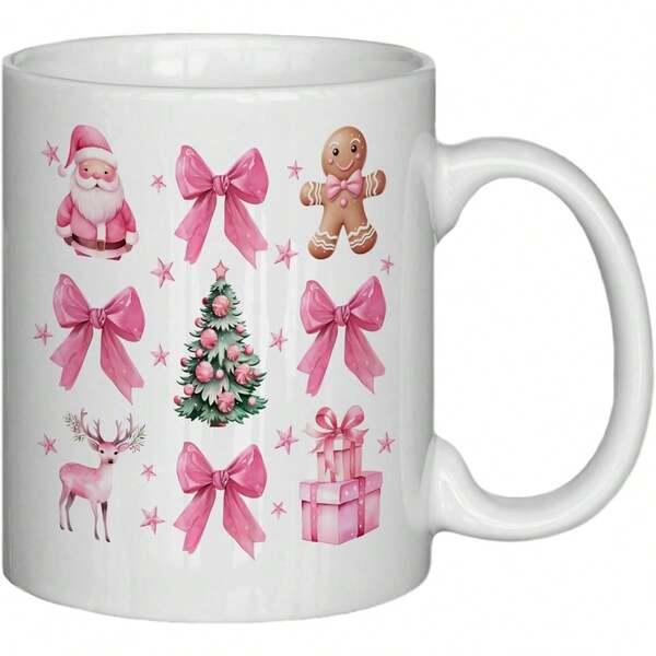 Tailorly White Ceramic 11 oz Mug - Pink Festive Watercolor Icons With Reindeer And Santa Surrounding A Traditional Christmas Tree